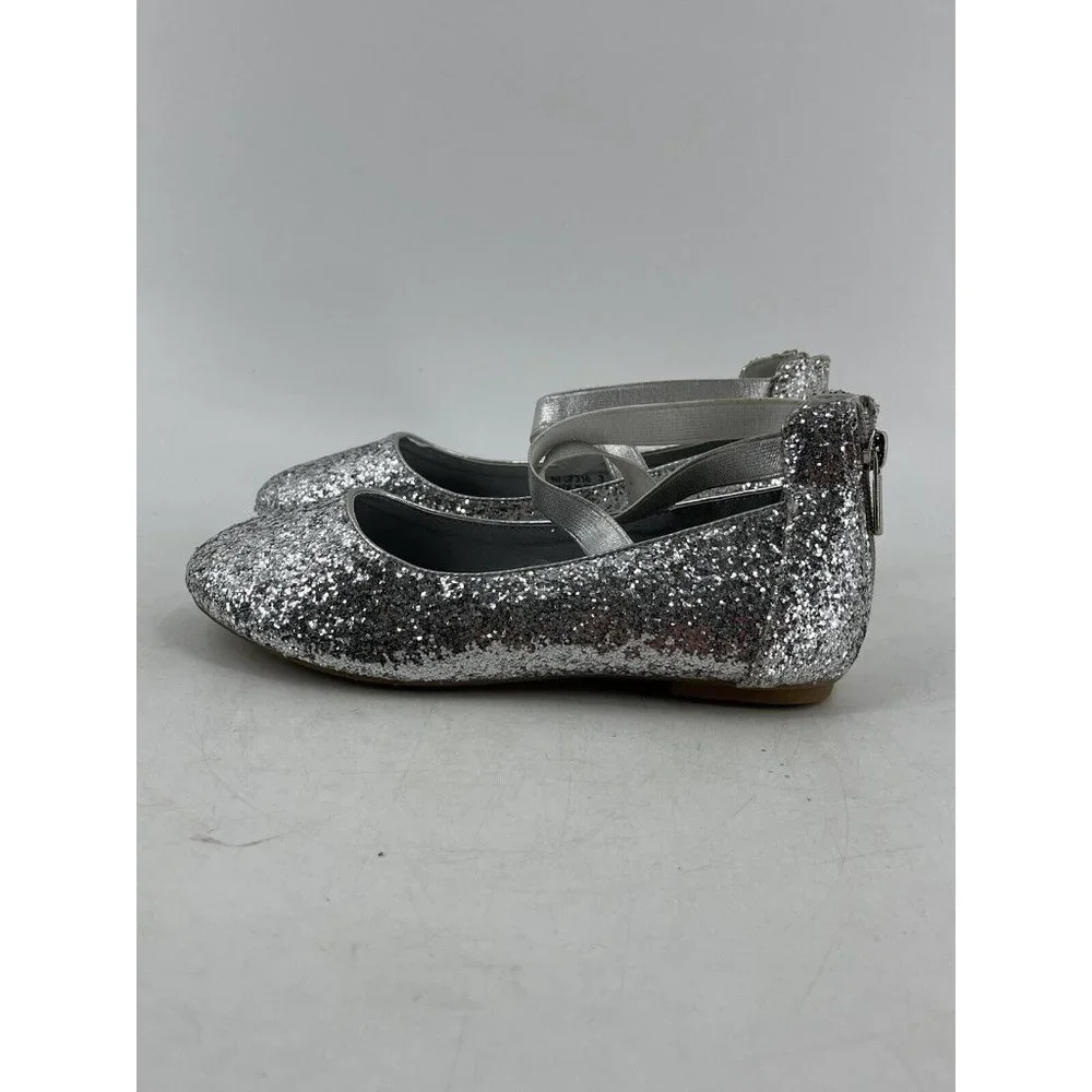 Nova Utopia Round Toe Silver Glitter Dress Flats Ankle Strap Zip Shoes Size 3